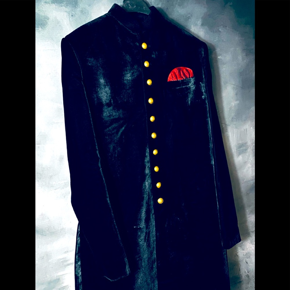 Black velvet sherwani with pajama